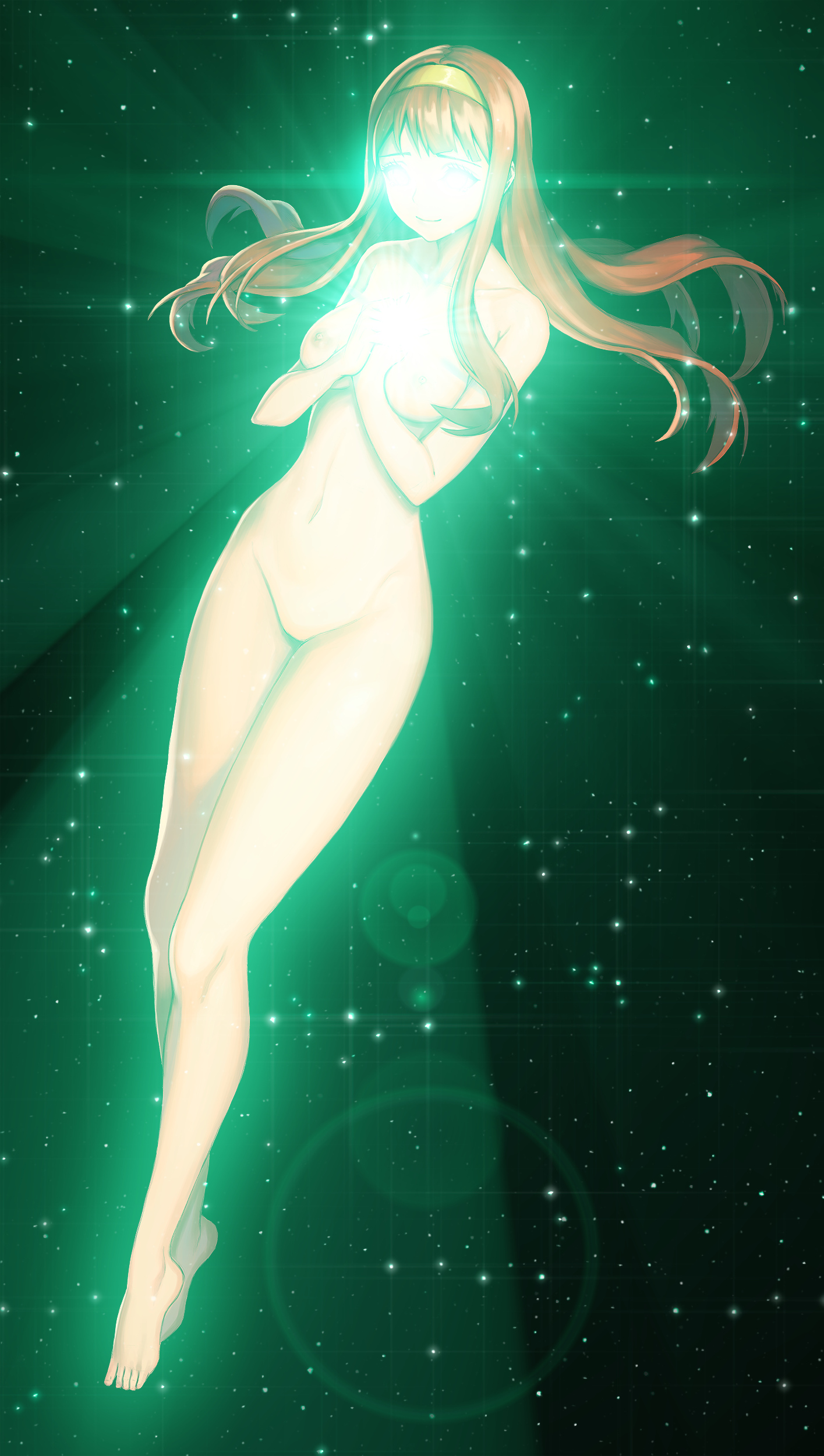 Lady Kotoha floats serenely in space, her perfect and naked body glowing emerald green.